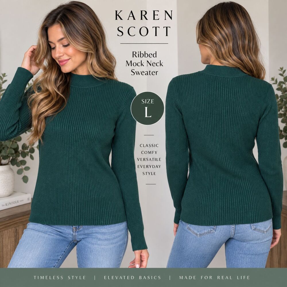 Karen Scott Sweater Womens L Forest Green 100% Cotton Ribbed Mock Neck Pullover